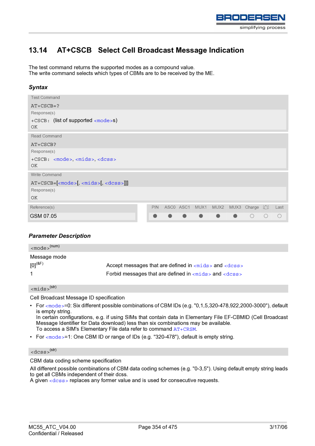 Siemens MC55 AT manual 13.14 AT+CSCB Select Cell Broadcast Message Indication, At+Cscb=?, At+Cscb?, +CSCB mode, mids, dcss 