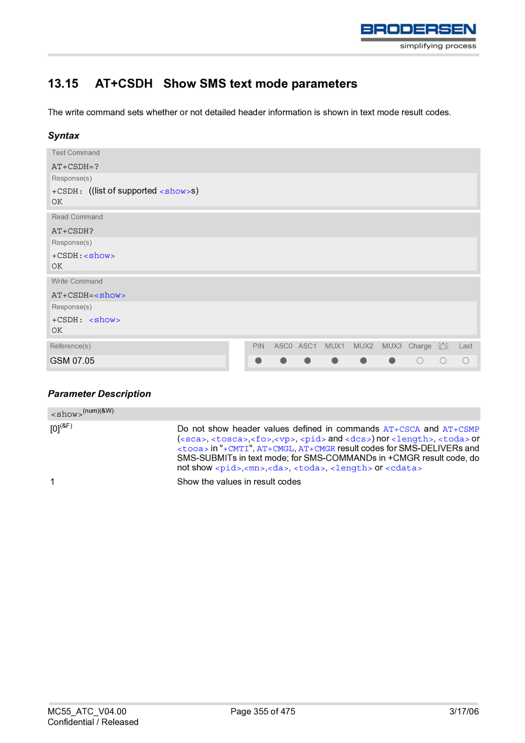 Siemens MC55 AT manual 13.15 AT+CSDH Show SMS text mode parameters, At+Csdh=?, At+Csdh? 