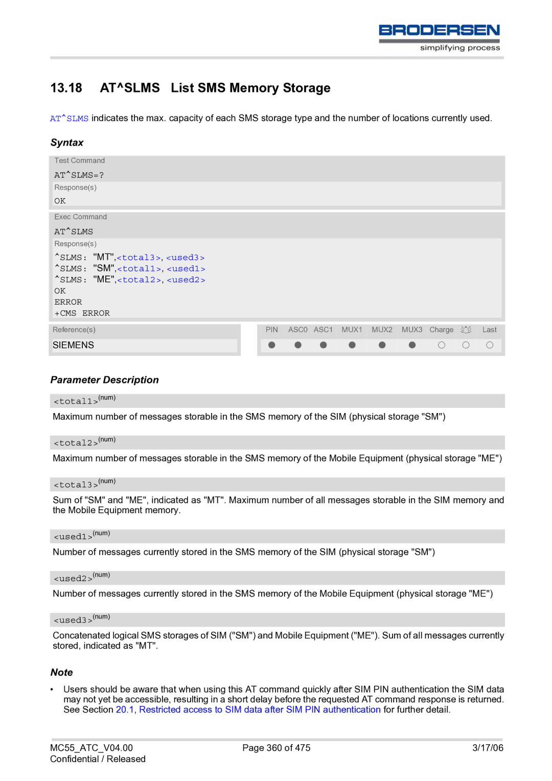 Siemens MC55 AT manual Atslms List SMS Memory Storage, Atslms=? 