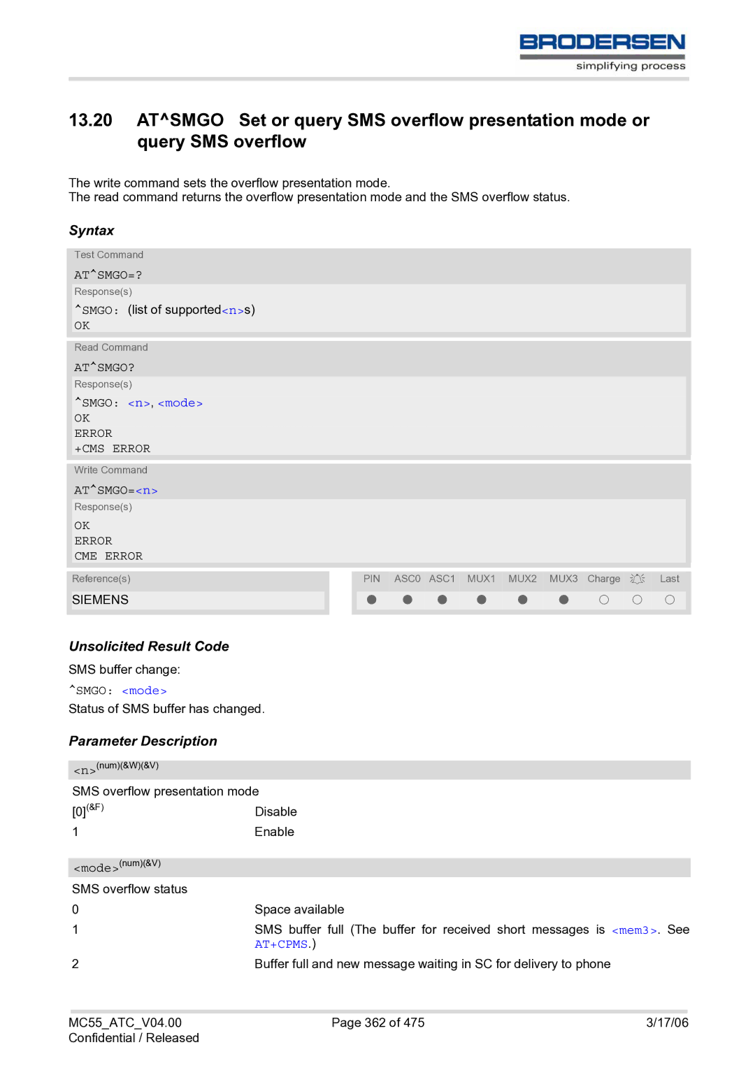 Siemens MC55 AT manual Atsmgo=?, Atsmgo?, Smgo n, mode, Error CME Error 