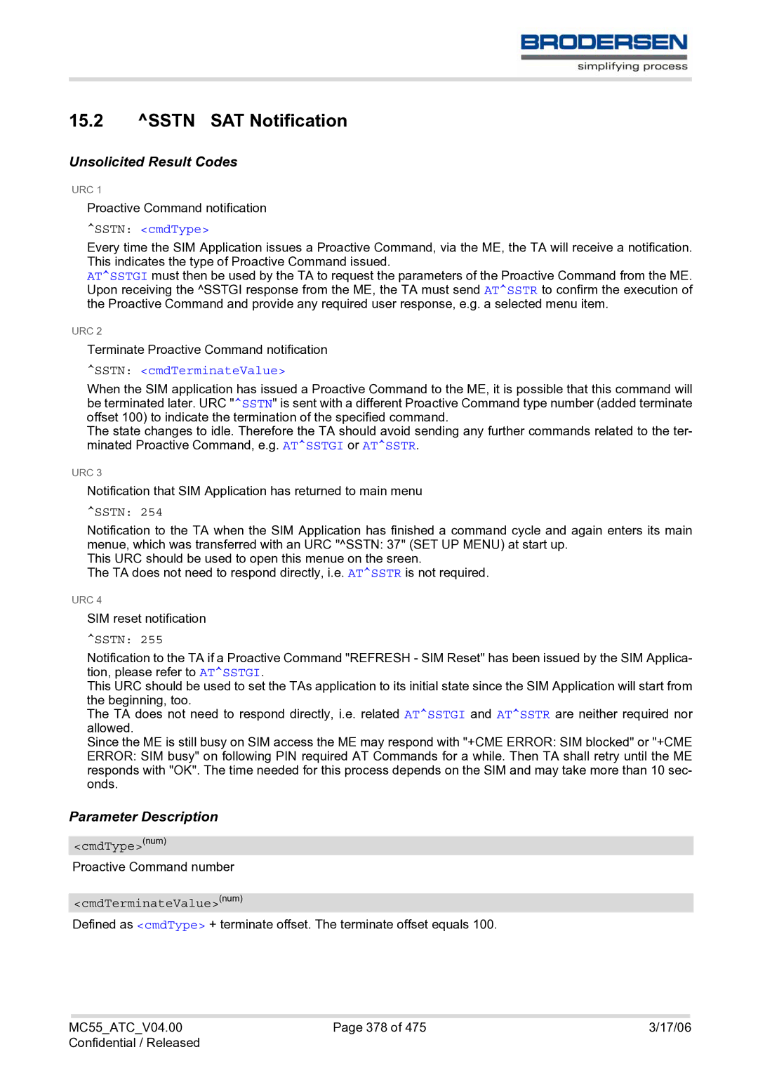 Siemens MC55 AT manual Sstn SAT Notification, Sstn cmdType, Sstn cmdTerminateValue 