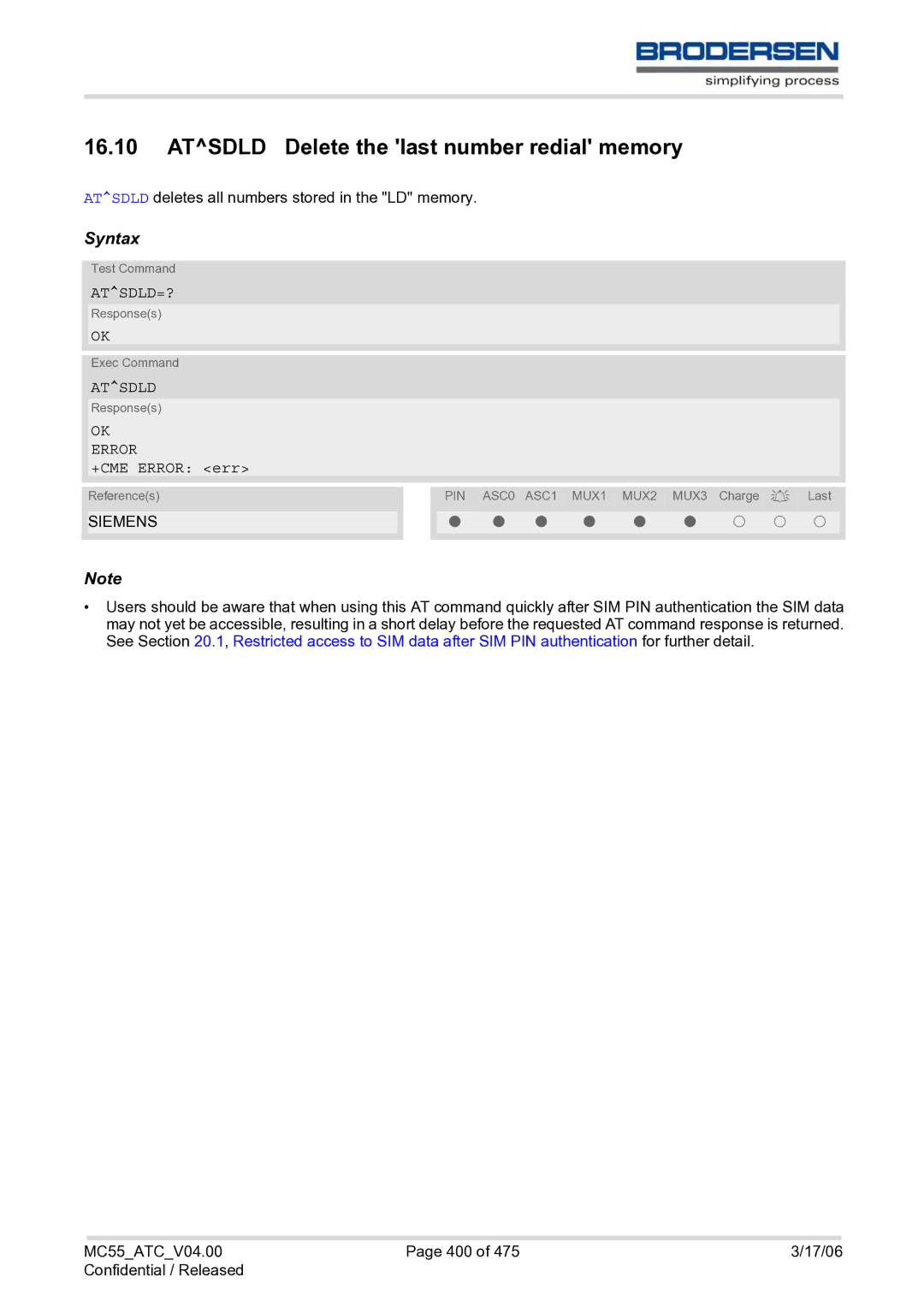 Siemens MC55 AT manual Atsdld Delete the last number redial memory, Atsdld=? 