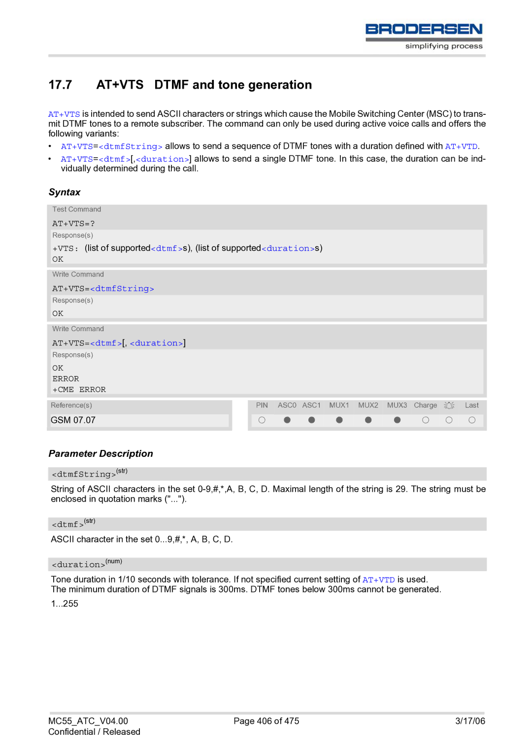Siemens MC55 AT manual 17.7 AT+VTS Dtmf and tone generation, At+Vts=?, AT+VTS=dtmfString, AT+VTS=dtmf, duration 