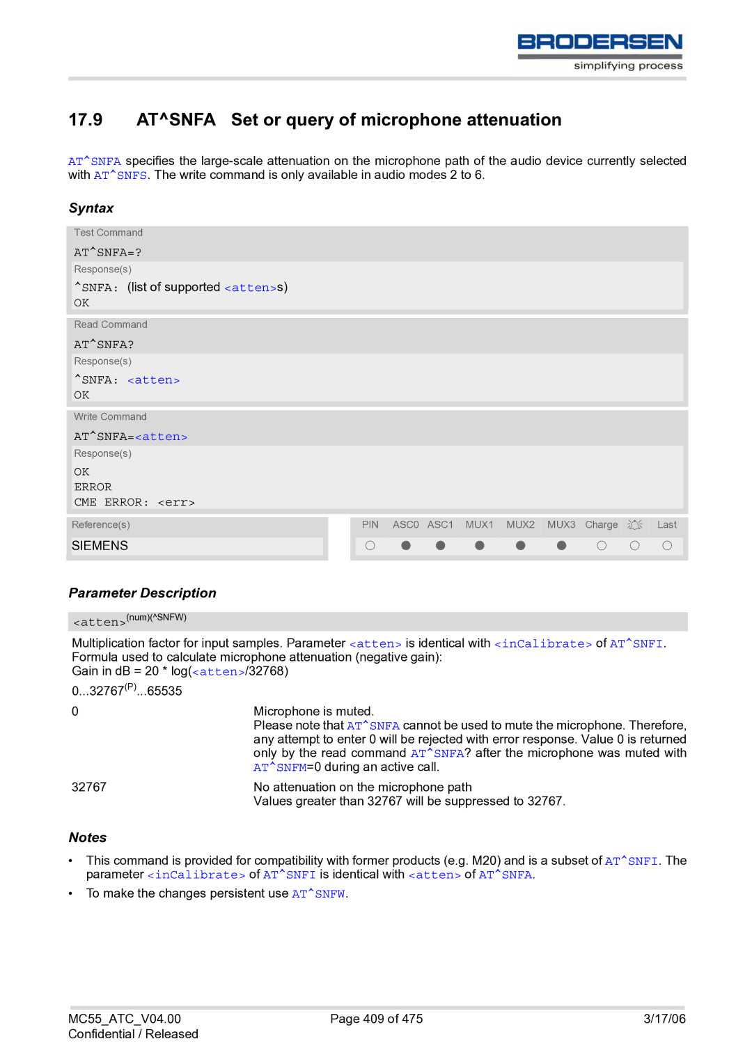 Siemens MC55 AT manual Atsnfa Set or query of microphone attenuation, Atsnfa=?, Atsnfa? 