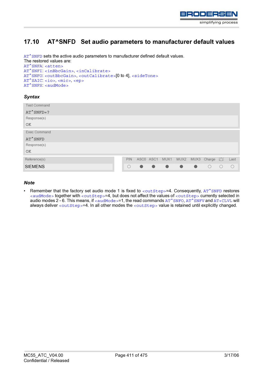 Siemens MC55 AT manual Atsnfd Set audio parameters to manufacturer default values, Atsnfd=? 