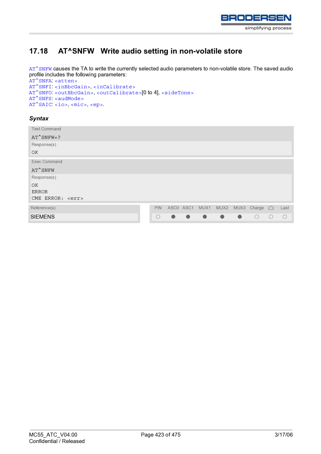 Siemens MC55 AT manual Atsnfw Write audio setting in non-volatile store, Atsnfw=? 