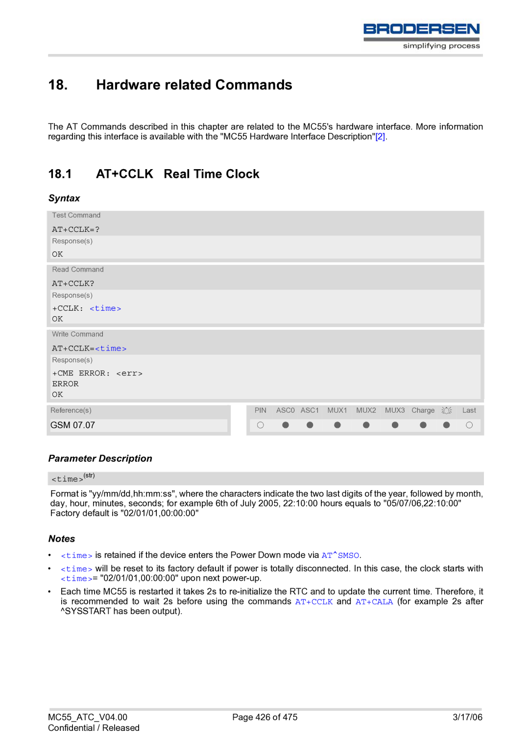 Siemens MC55 AT manual Hardware related Commands, 18.1 AT+CCLK Real Time Clock, At+Cclk=?, At+Cclk?, Error OK 