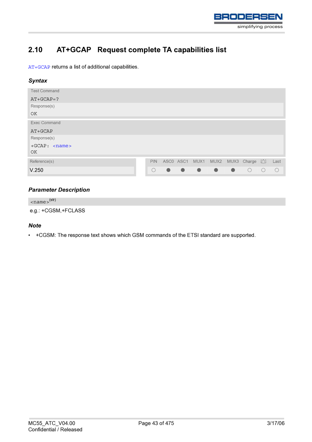 Siemens MC55 AT manual 10 AT+GCAP Request complete TA capabilities list, At+Gcap=?, +GCAP name, Namestr 