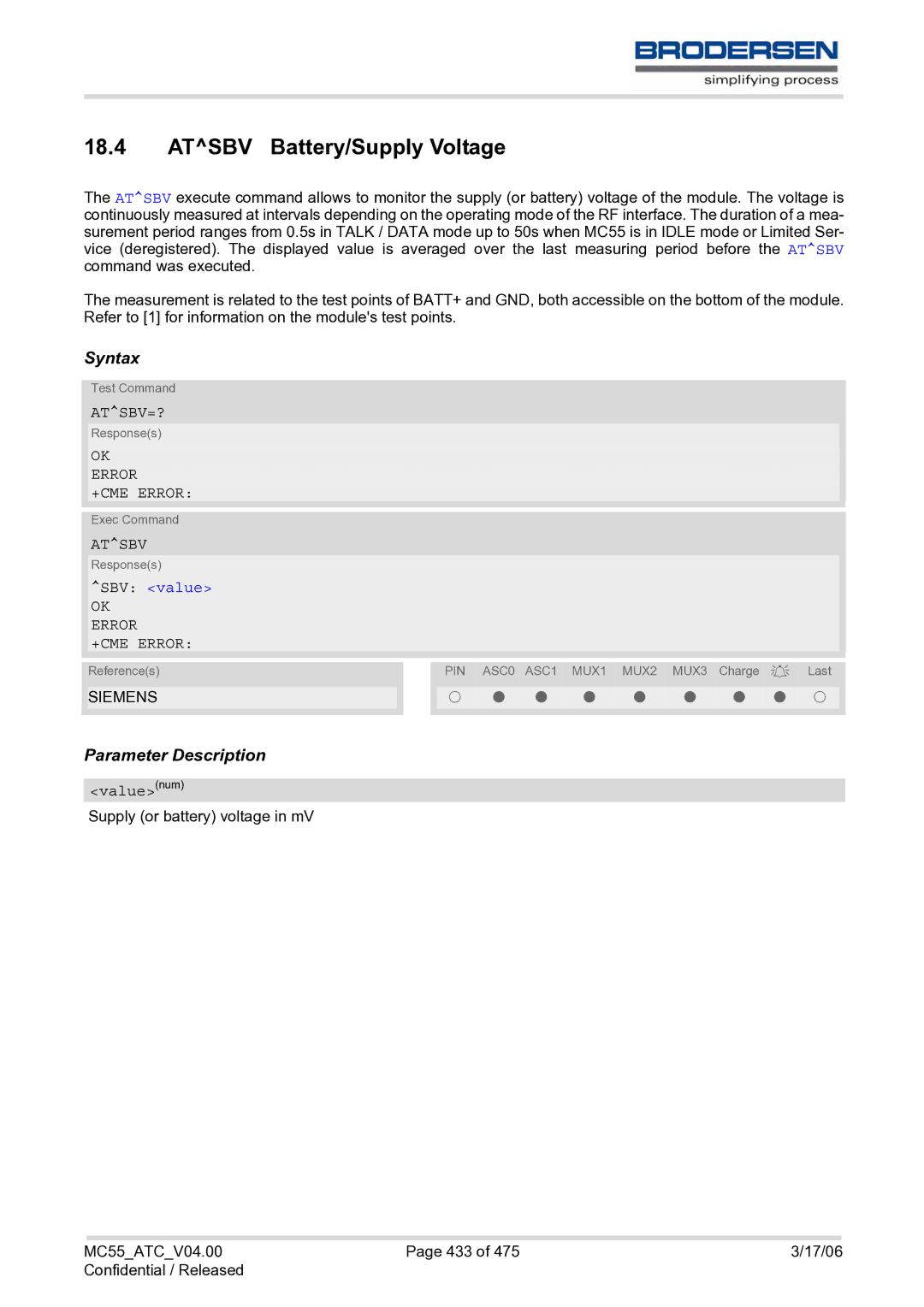 Siemens MC55 AT manual Atsbv Battery/Supply Voltage, Atsbv=?, SBV value 