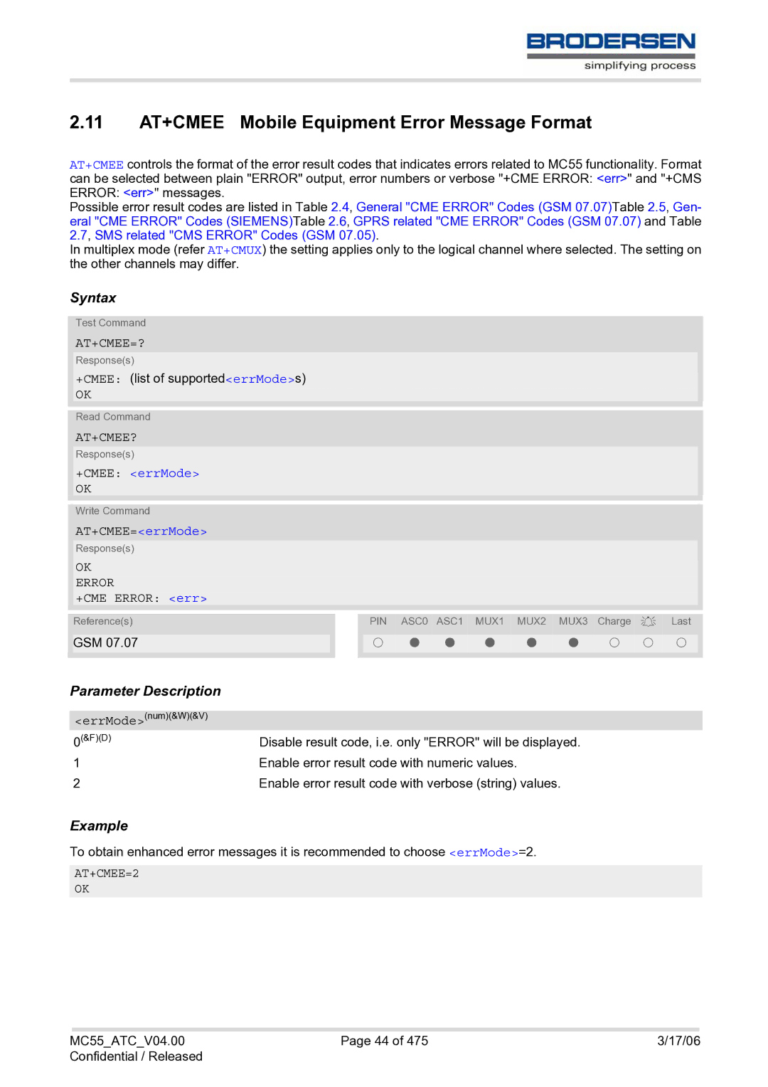 Siemens MC55 AT manual 11 AT+CMEE Mobile Equipment Error Message Format, At+Cmee=?, At+Cmee?, OK Error, AT+CMEE=2 