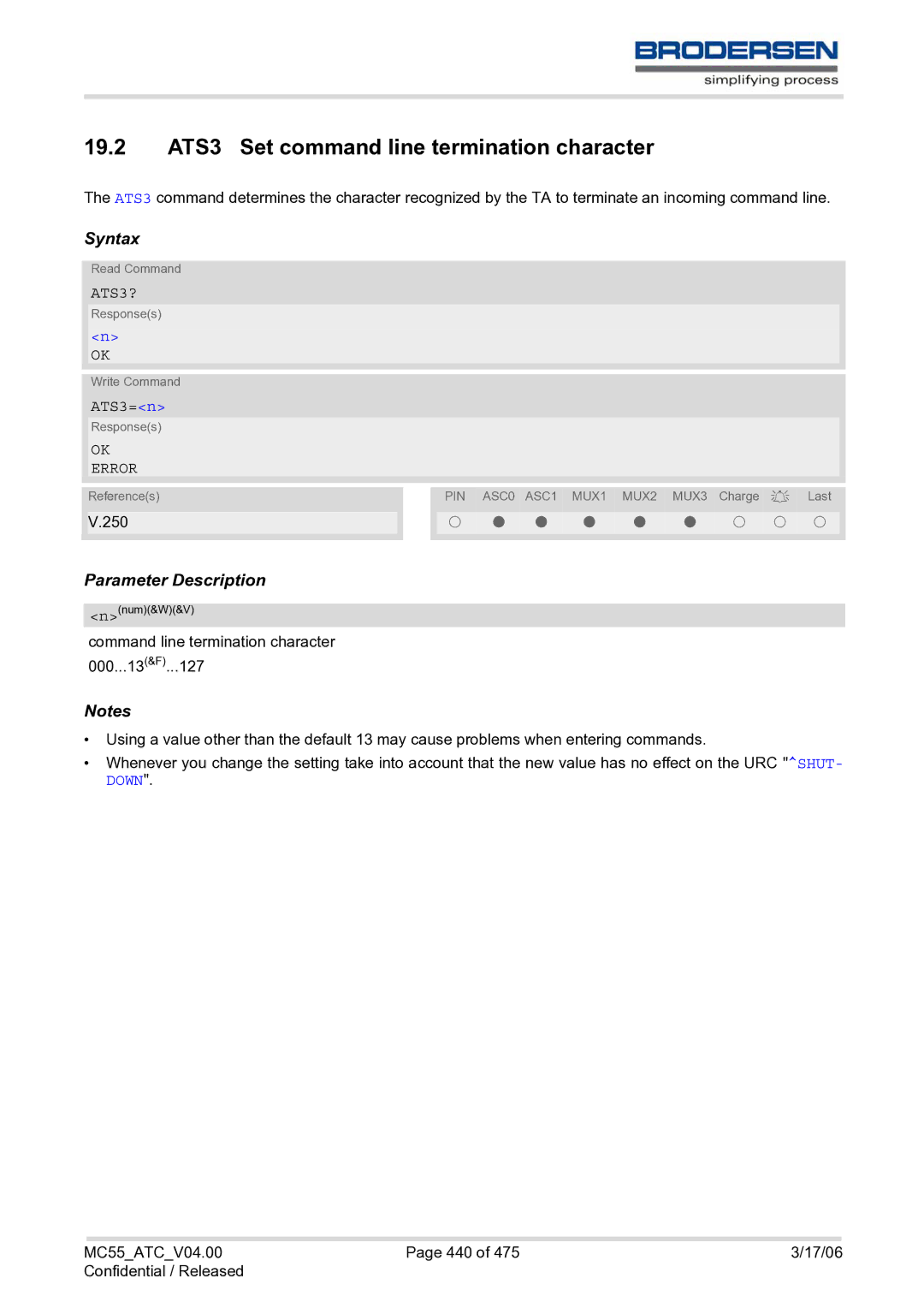 Siemens MC55 AT manual 19.2 ATS3 Set command line termination character, ATS3?, ATS3=n 