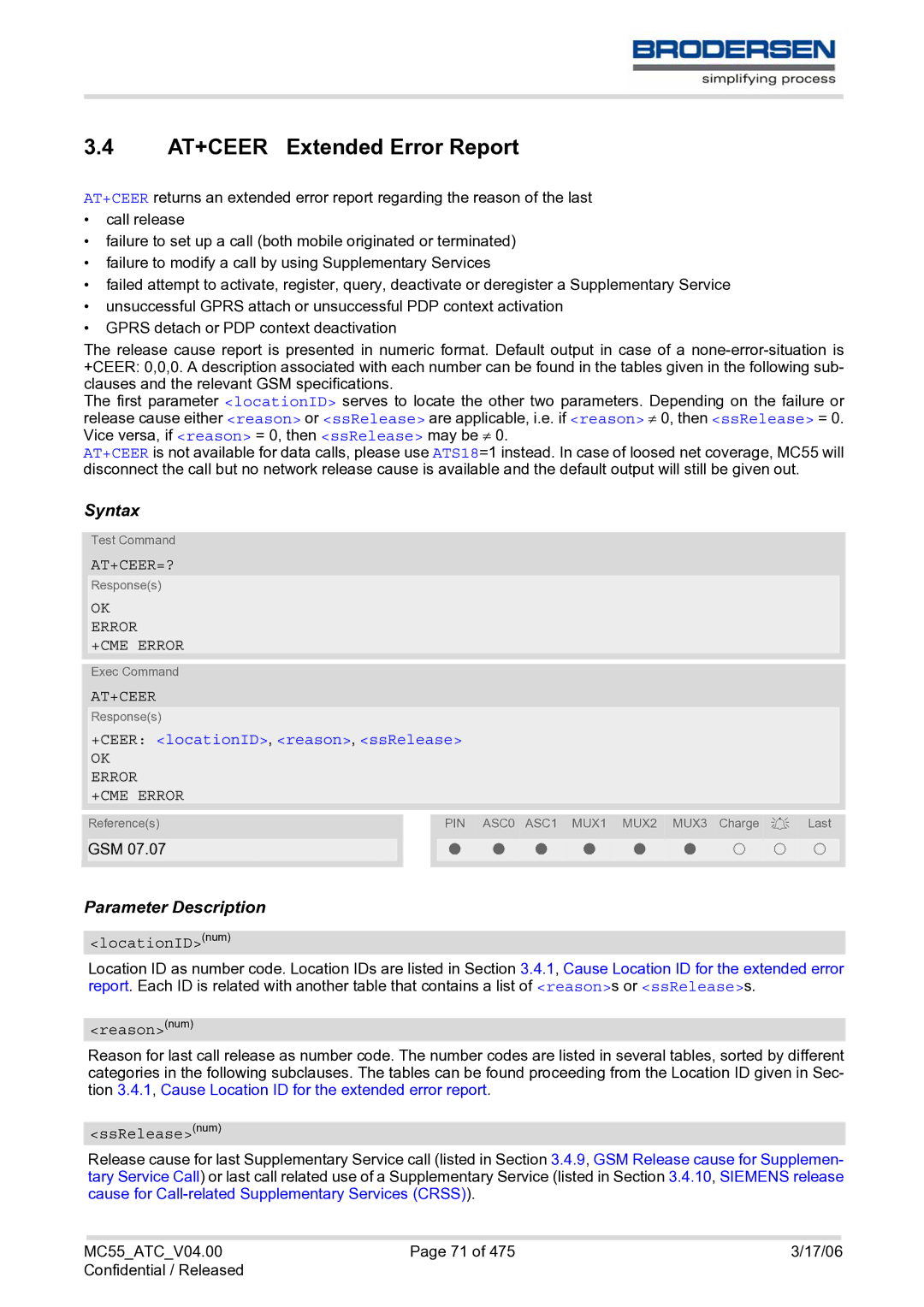 Siemens MC55 AT manual AT+CEER Extended Error Report, At+Ceer=?, +CEER locationID, reason, ssRelease 