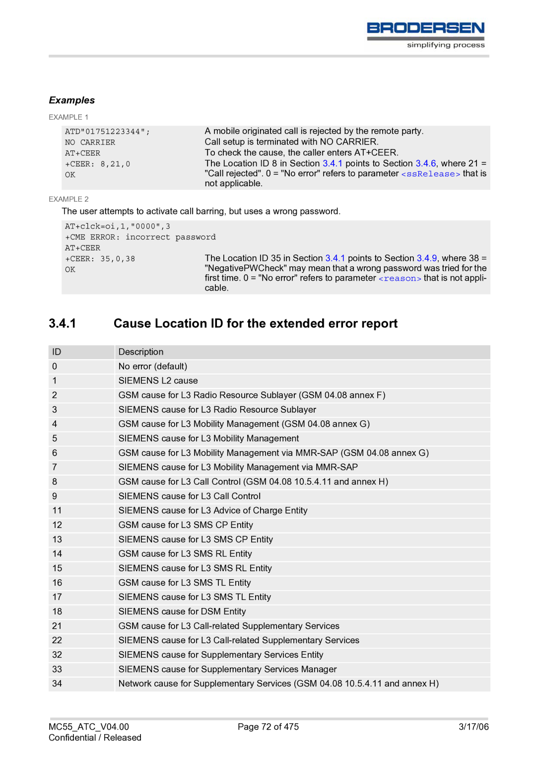 Siemens MC55 AT manual Cause Location ID for the extended error report, ATD01751223344, +CEER 8,21,0, +CEER 35,0,38 