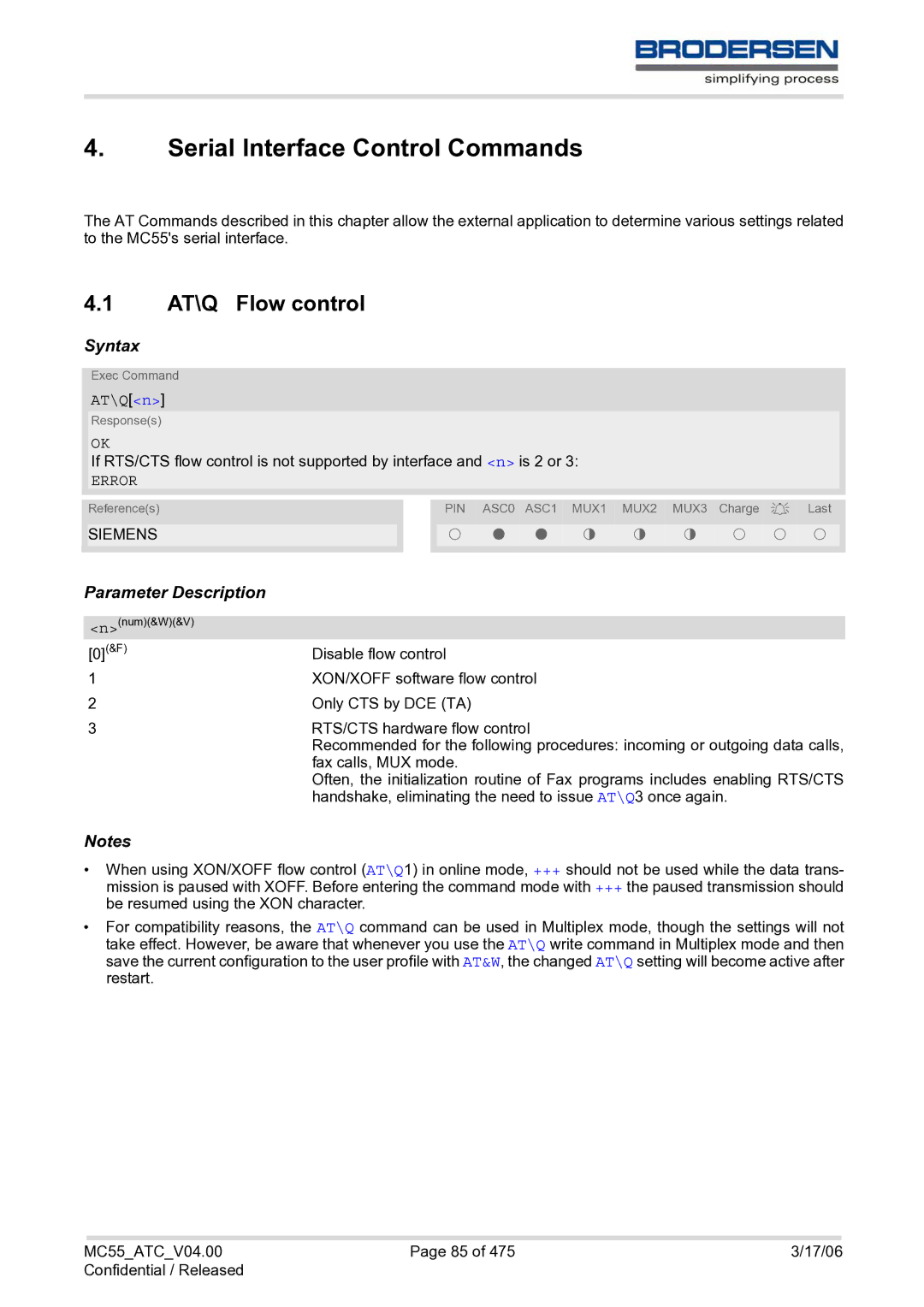 Siemens MC55 AT manual Serial Interface Control Commands, AT\Q Flow control, AT\Qn 