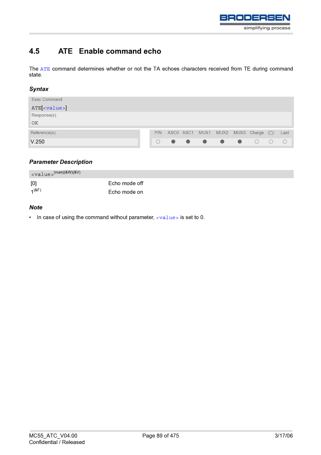 Siemens MC55 AT manual ATE Enable command echo, ATEvalue 