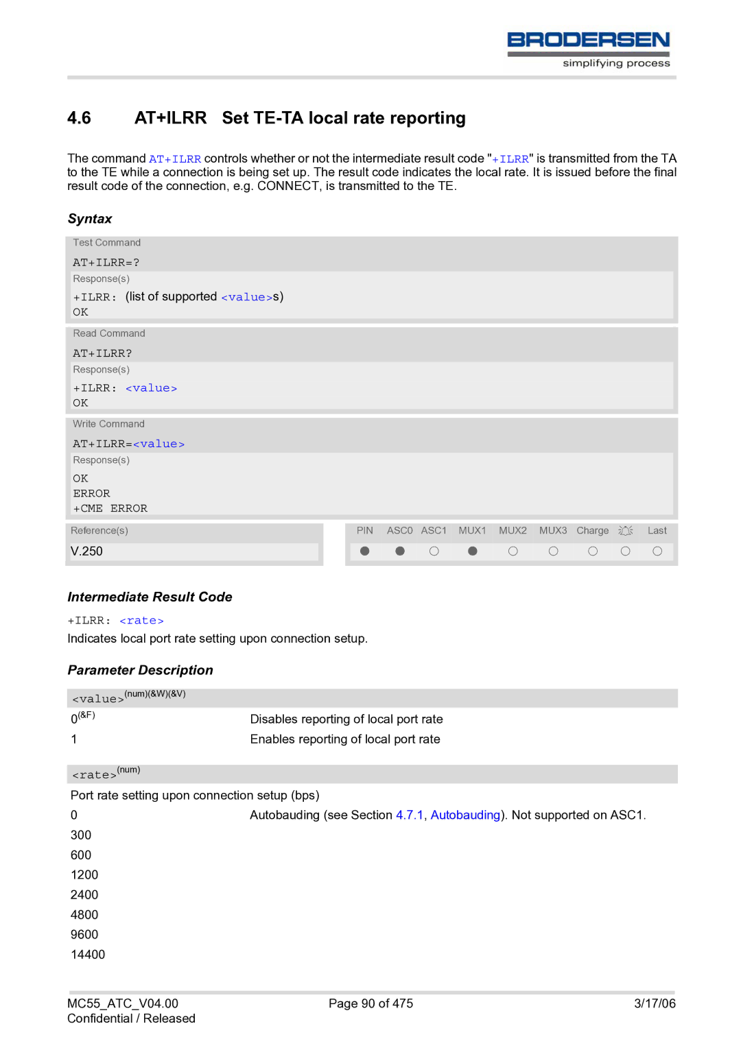 Siemens MC55 AT manual AT+ILRR Set TE-TA local rate reporting, At+Ilrr=?, At+Ilrr? 