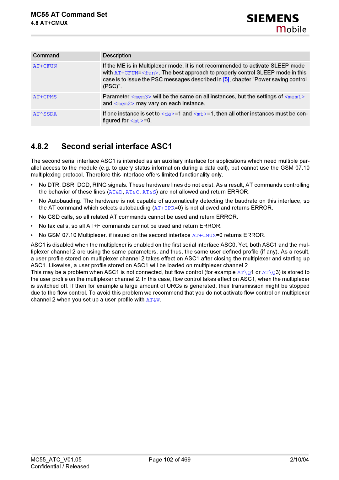 Siemens MC55 manual Second serial interface ASC1, At+Cfun 