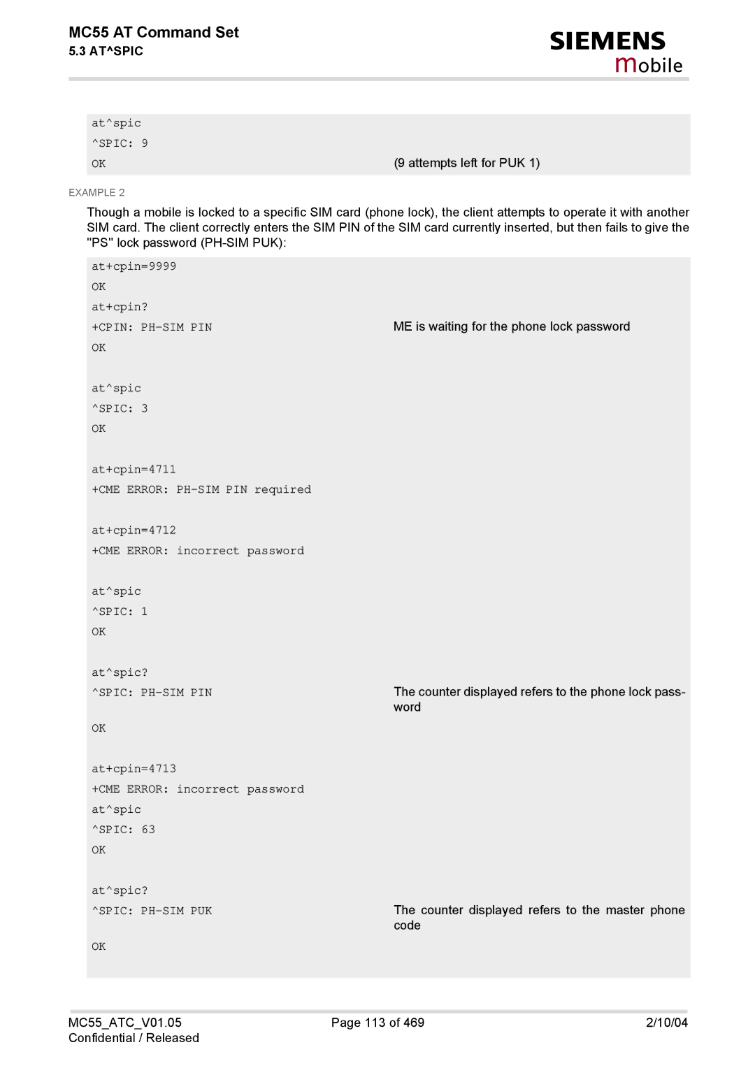 Siemens MC55 manual At+cpin=9999 OK at+cpin? 