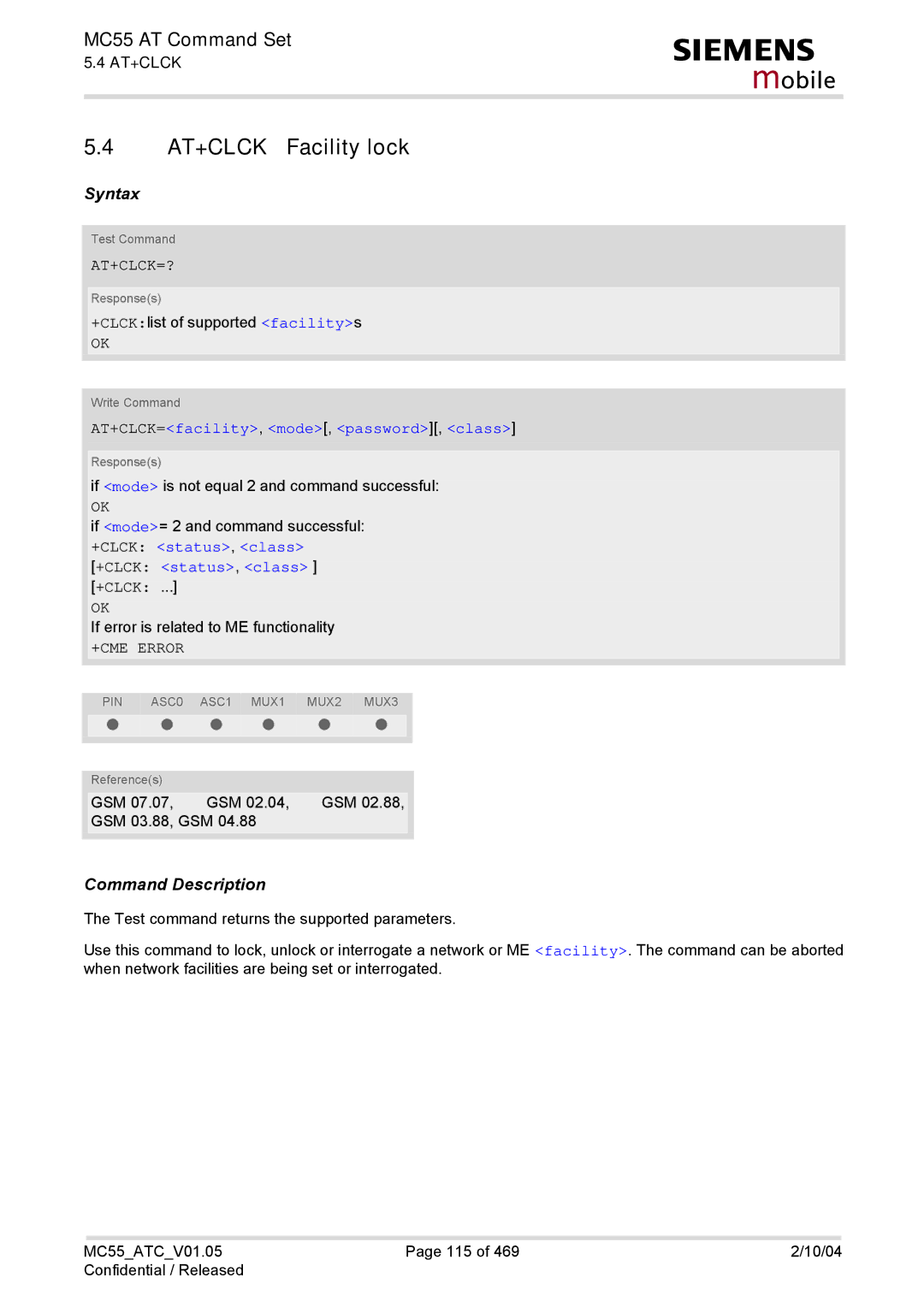 Siemens MC55 manual AT+CLCK Facility lock, At+Clck=?, AT+CLCK=facility, mode, password, class 