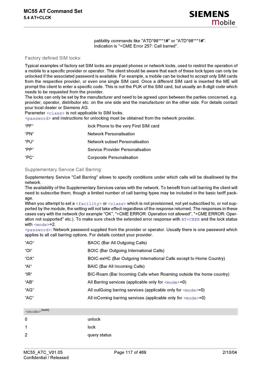 Siemens MC55 manual Factory defined SIM locks 