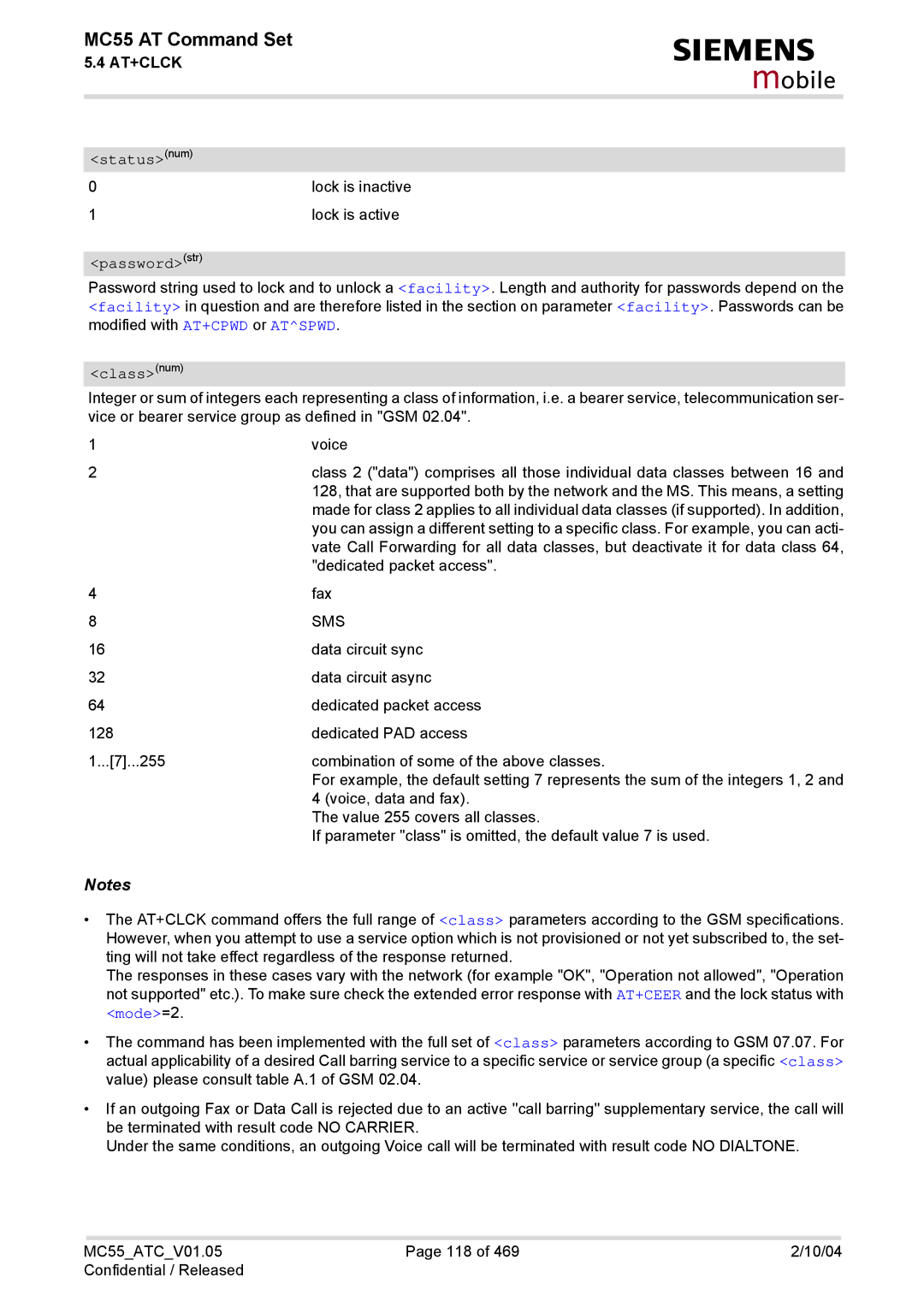 Siemens MC55 manual Statusnum, Passwordstr, Classnum, Sms, Mode=2 