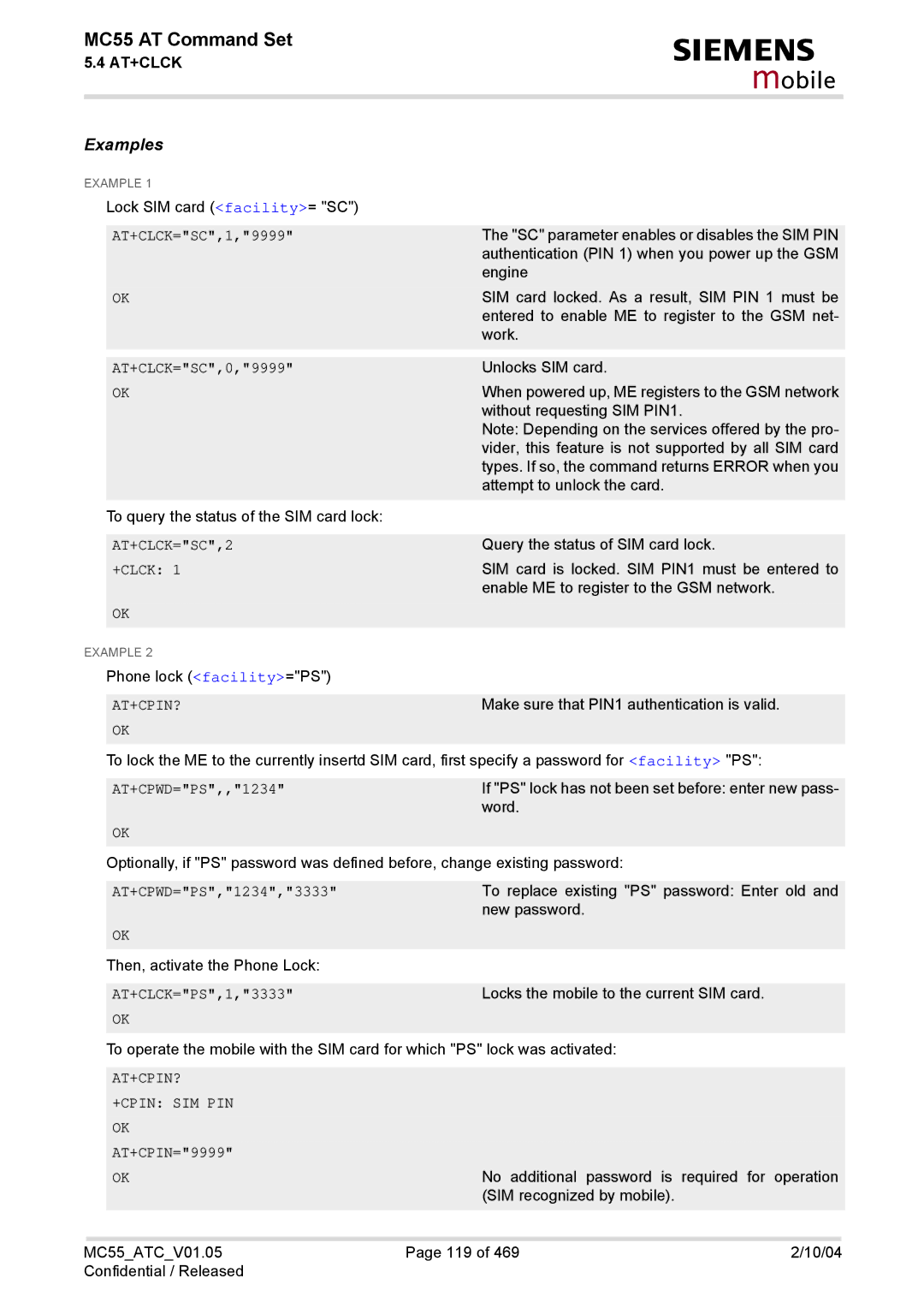 Siemens MC55 manual AT+CLCK=SC,2, At+Cpin? +Cpin Sim Pin 