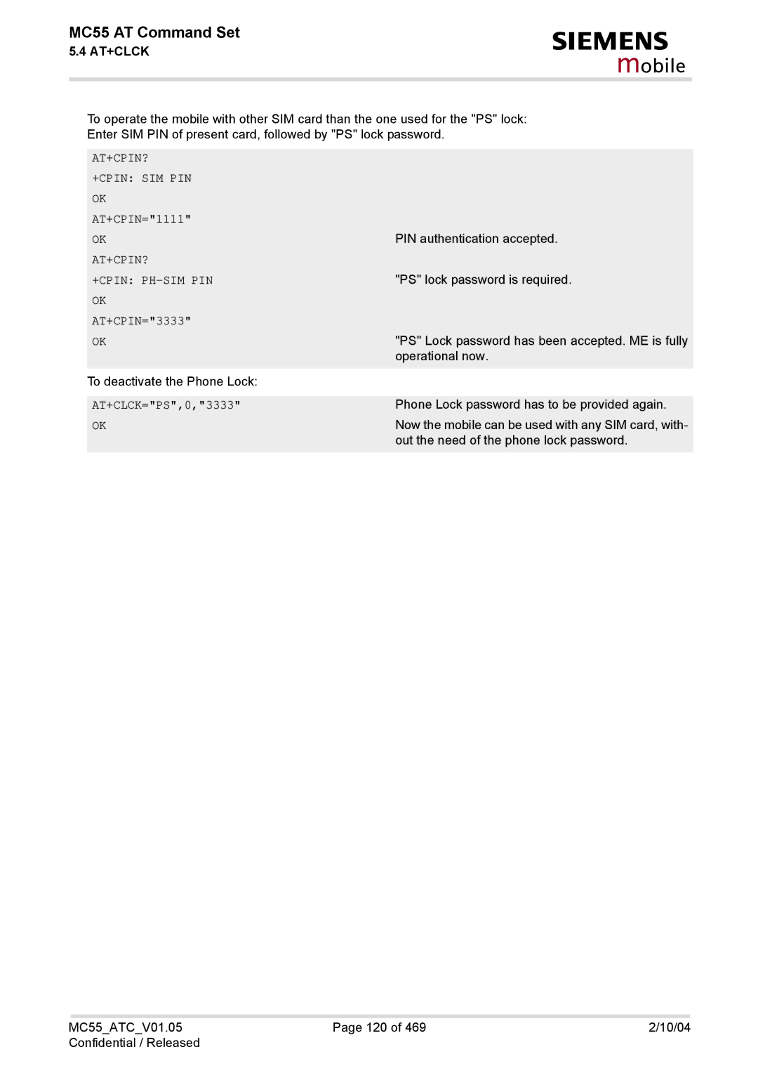 Siemens MC55 manual AT+CPIN=1111, At+Cpin? +Cpin Ph-Sim Pin, AT+CPIN=3333, AT+CLCK=PS,0,3333 