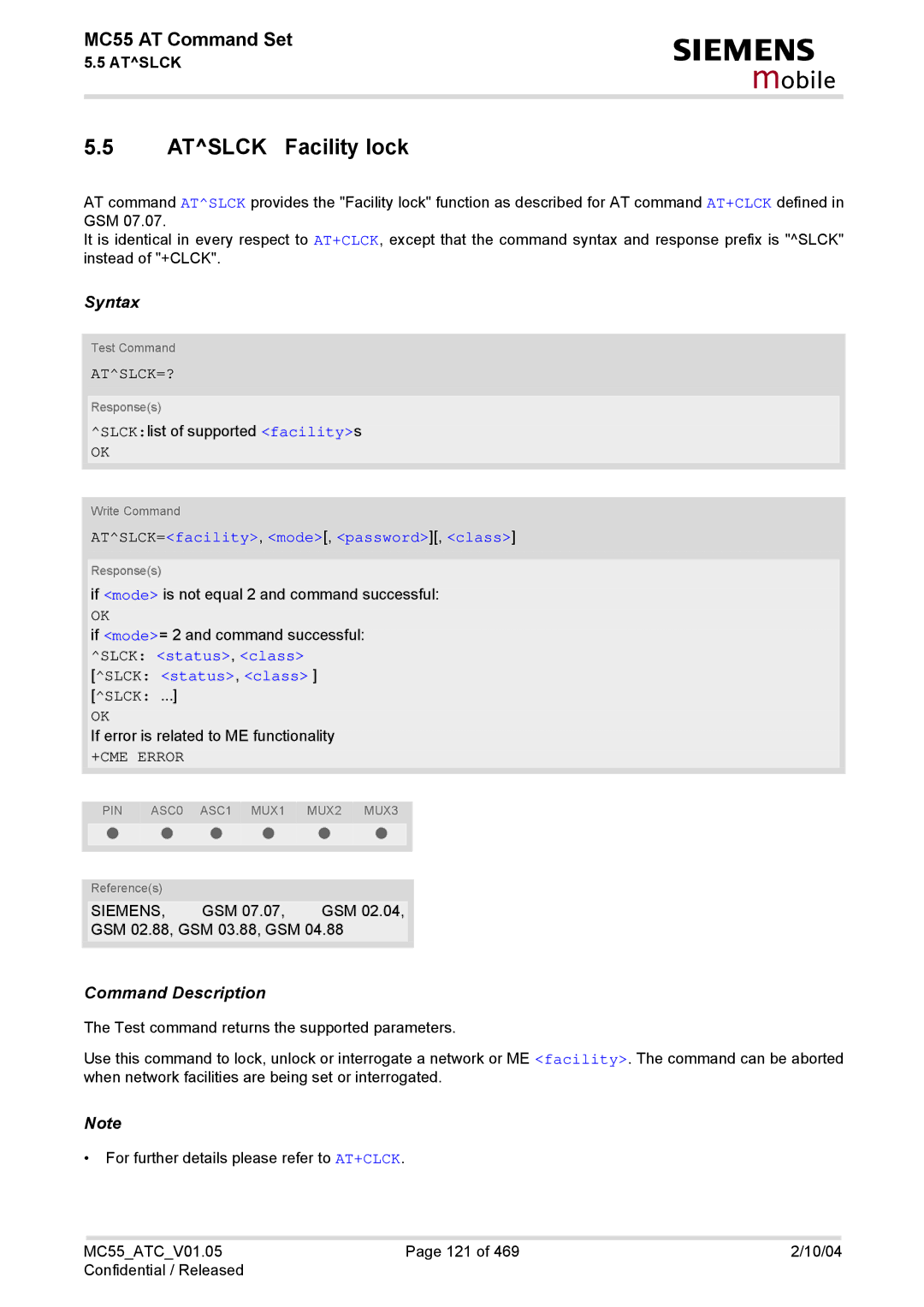 Siemens MC55 manual Atslck Facility lock, Atslck=?, ATSLCK=facility, mode, password, class 