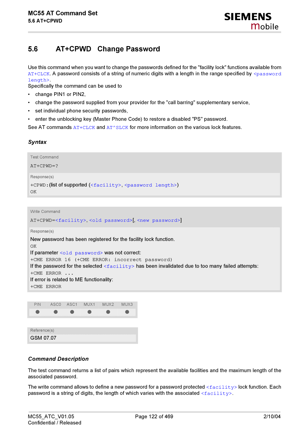 Siemens MC55 manual AT+CPWD Change Password, At+Cpwd=?, +CPWDlist of supported facility, password length 