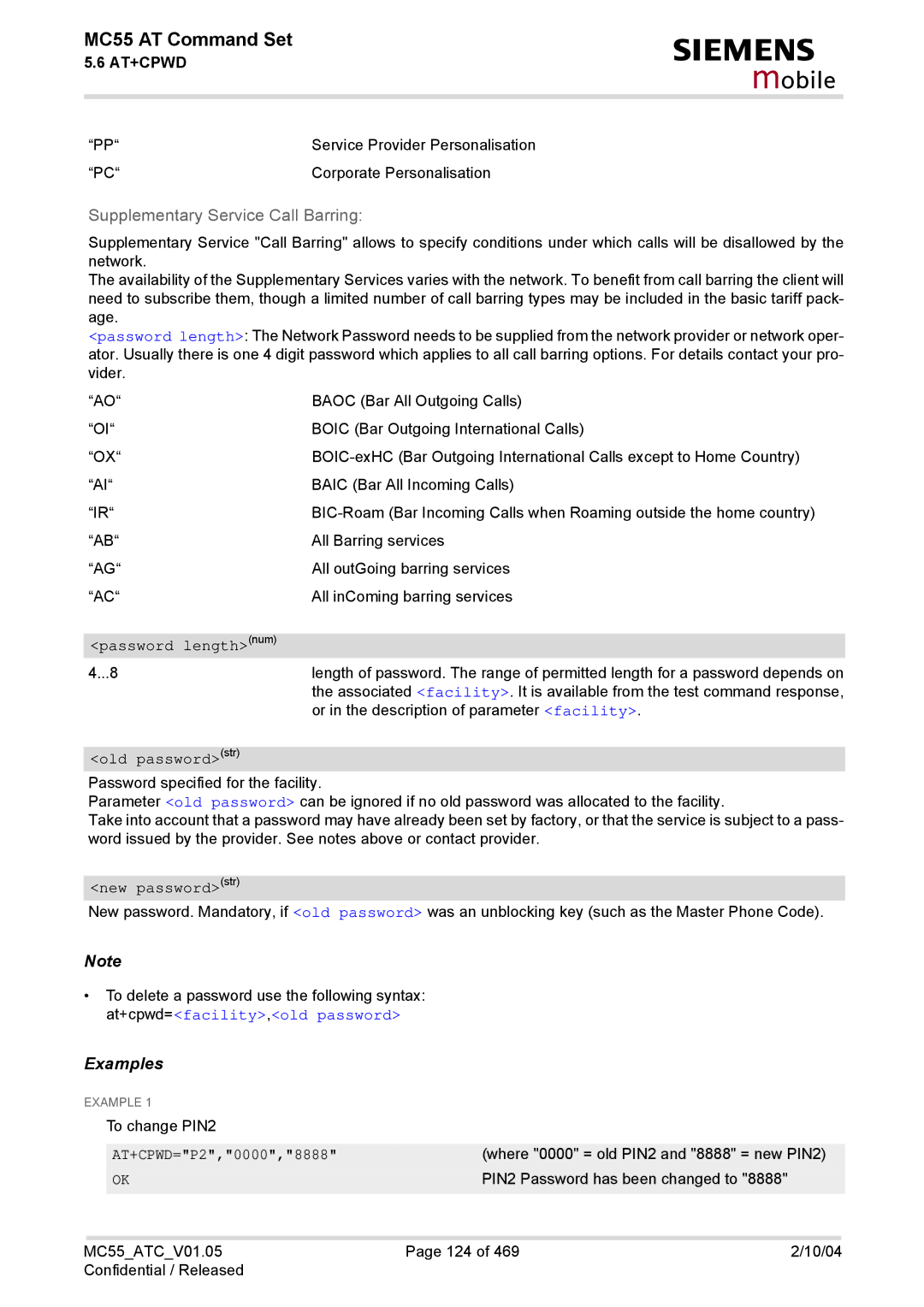 Siemens MC55 manual Password lengthnum, Old passwordstr, New passwordstr 