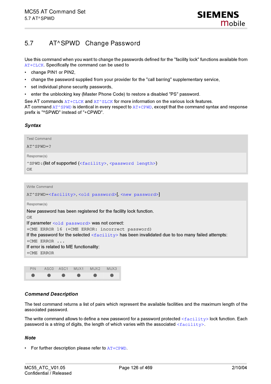 Siemens MC55 manual Atspwd Change Password, Atspwd=?, SPWDlist of supported facility, password length 