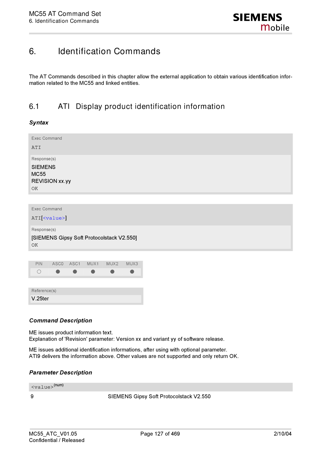 Siemens MC55 manual Identification Commands, ATI Display product identification information, Ati, ATIvalue 