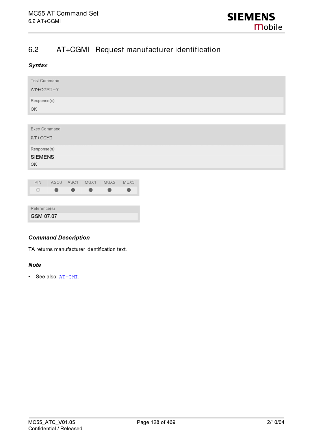 Siemens MC55 manual AT+CGMI Request manufacturer identification, At+Cgmi=? 