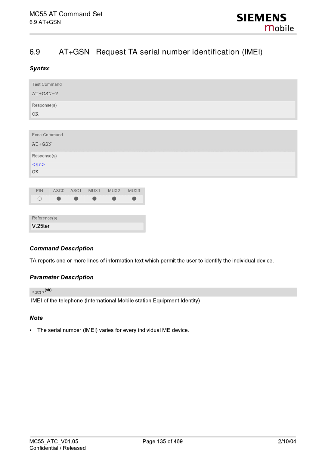 Siemens MC55 manual At+Gsn=? 