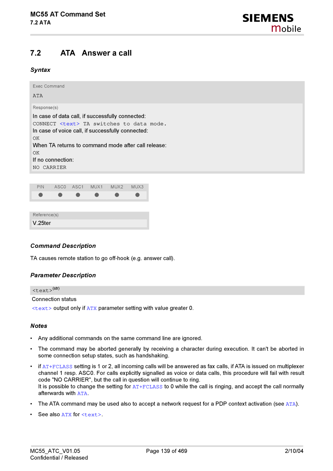 Siemens MC55 manual ATA Answer a call, Ata, Connect text TA switches to data mode, Textstr 