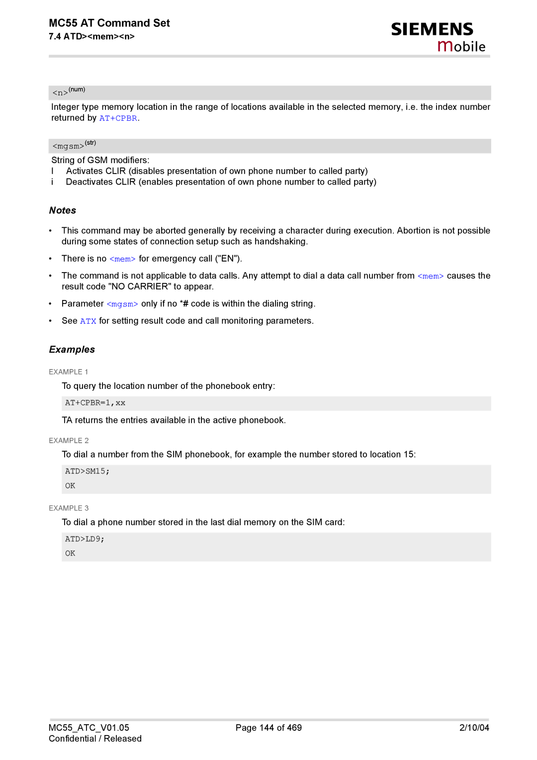 Siemens MC55 manual AT+CPBR=1,xx, ATDSM15, ATDLD9 