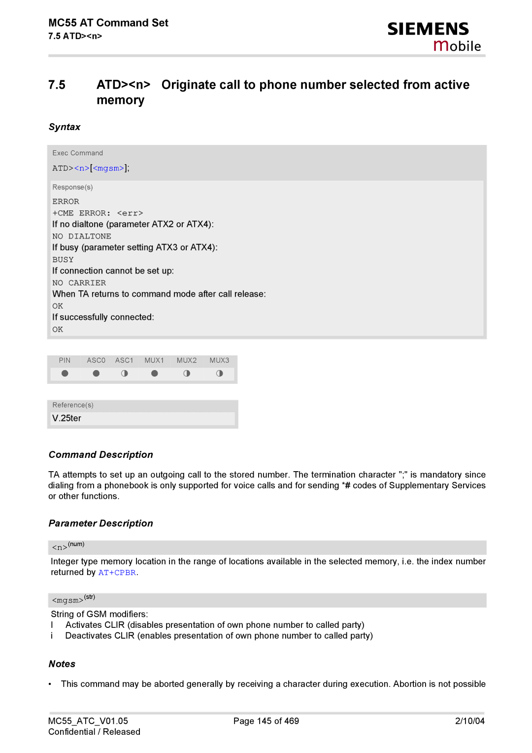 Siemens MC55 manual Memory, ATDnmgsm 