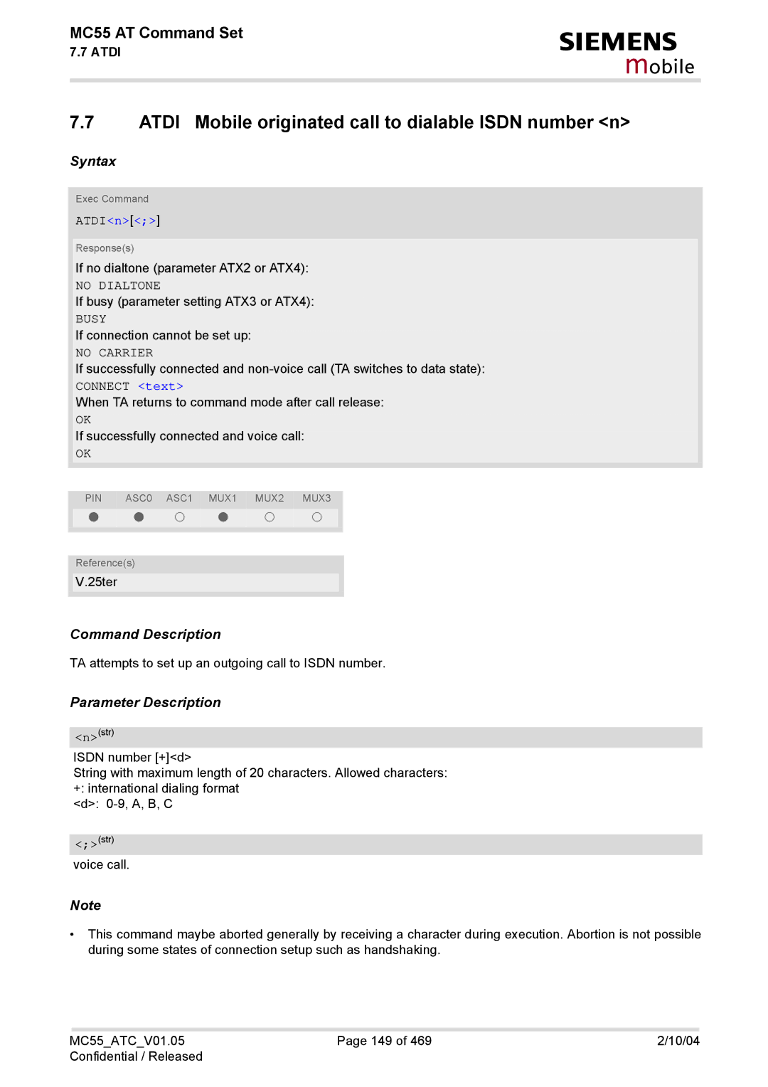 Siemens MC55 manual Atdi Mobile originated call to dialable Isdn number n, ATDIn 