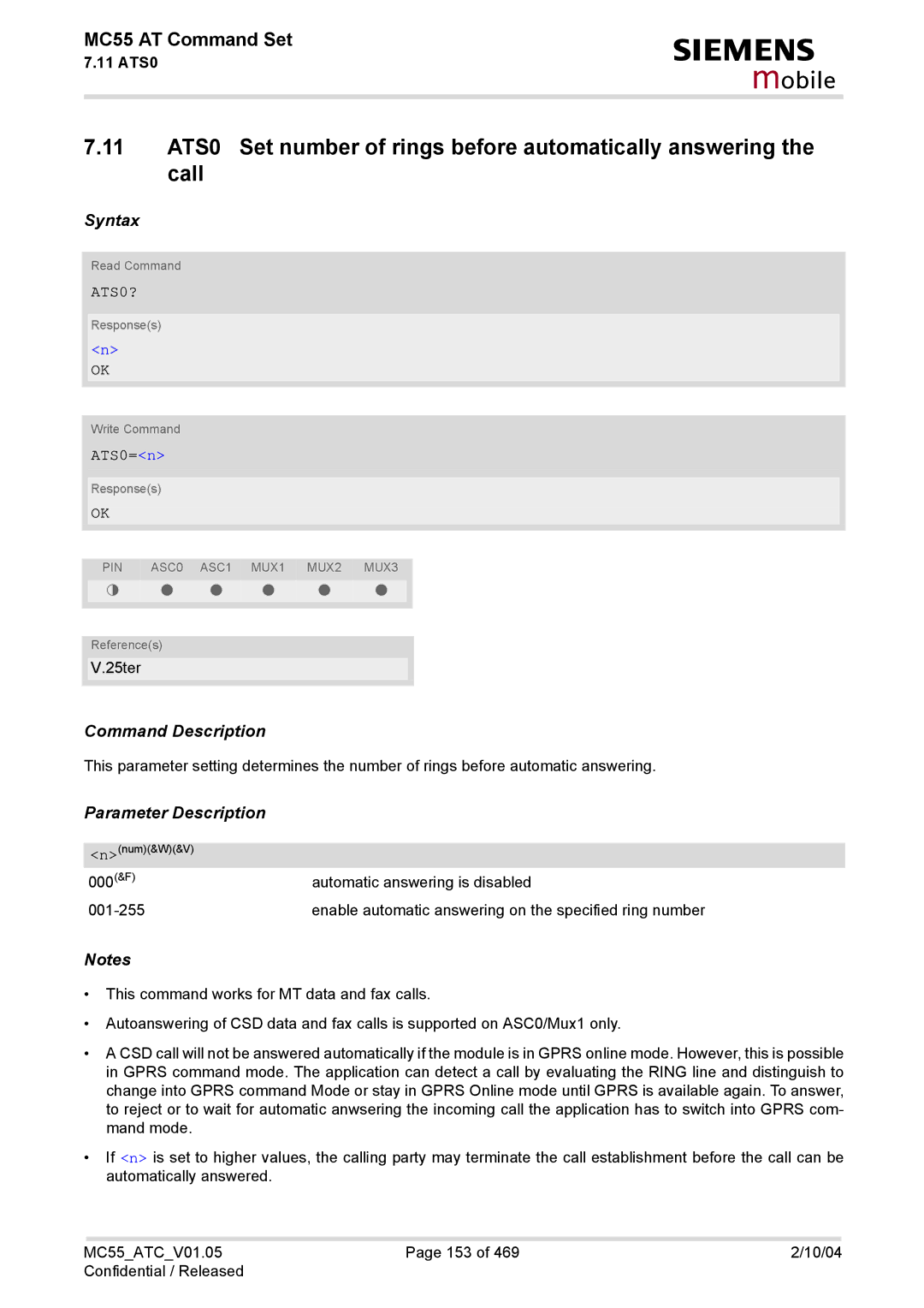 Siemens MC55 manual Call, ATS0?, ATS0=n 