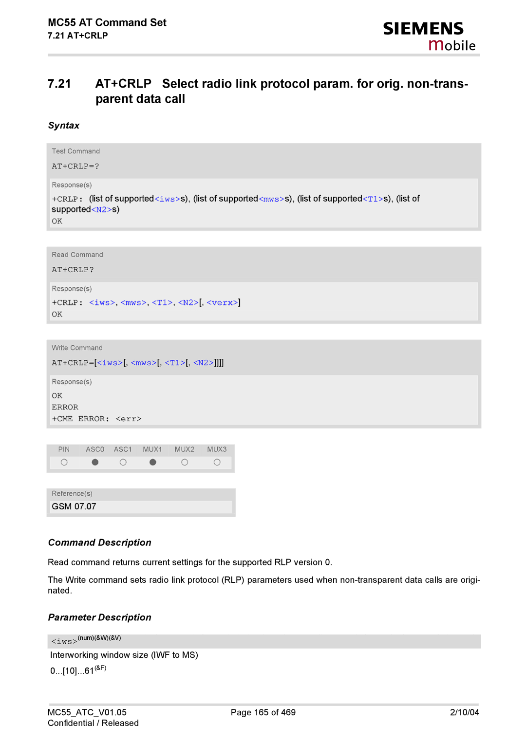 Siemens MC55 manual Parent data call, At+Crlp=?, At+Crlp?, +CRLP iws, mws, T1, N2, verx, AT+CRLP=iws, mws, T1, N2 