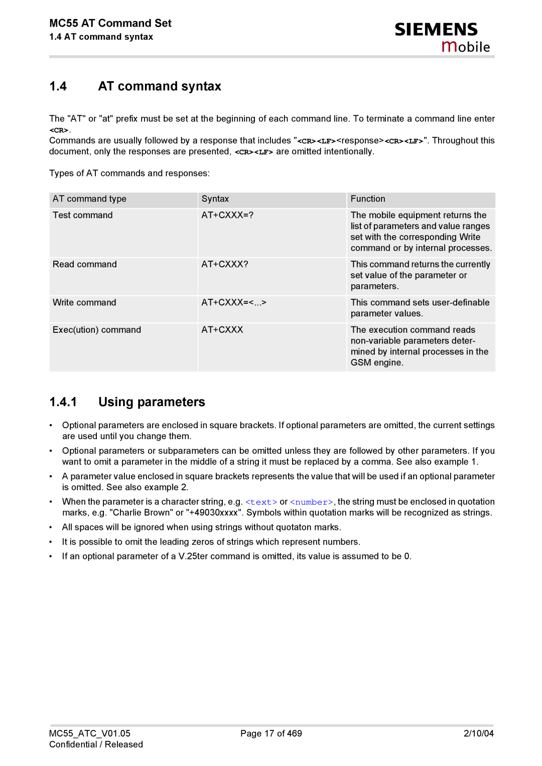 Siemens MC55 manual AT command syntax, Using parameters, At+Cxxx=?, At+Cxxx? 