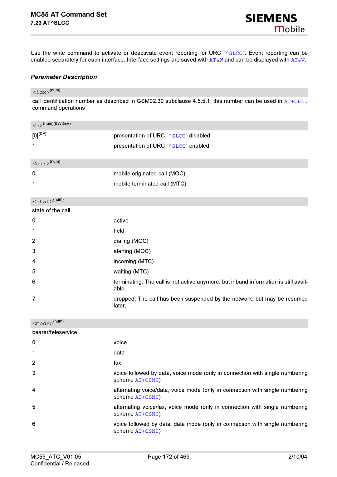 Siemens MC55 manual Mobile originated call MOC Mobile terminated call MTC 