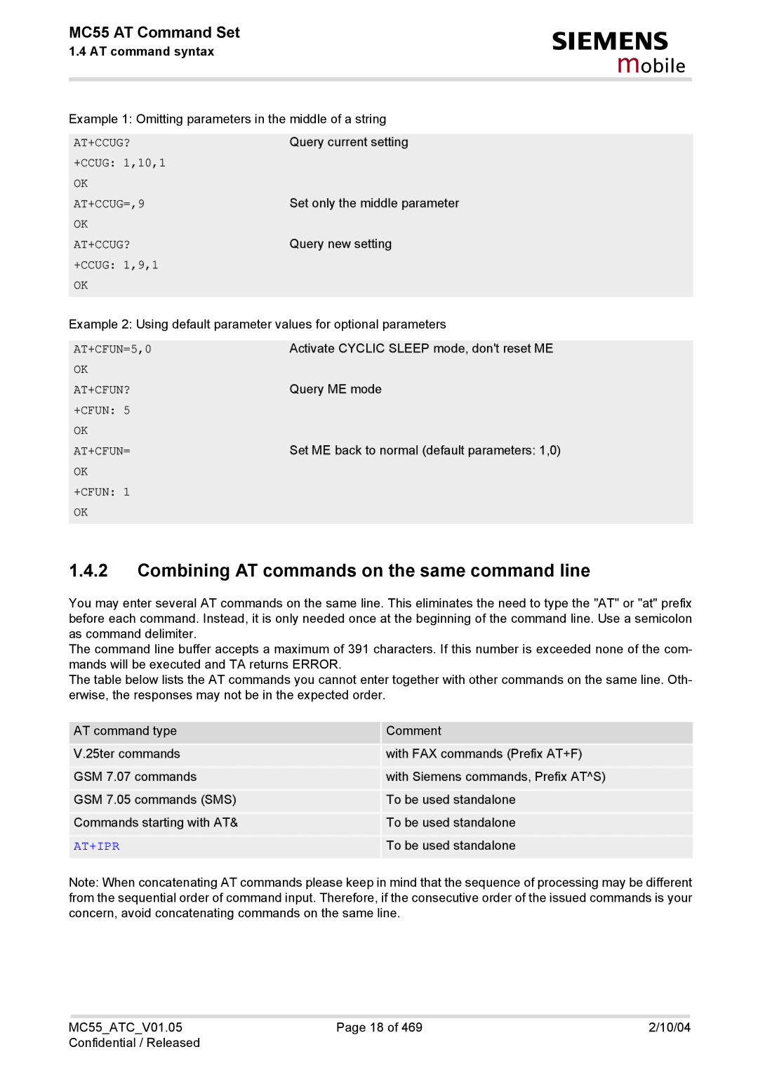 Siemens MC55 manual Combining AT commands on the same command line 