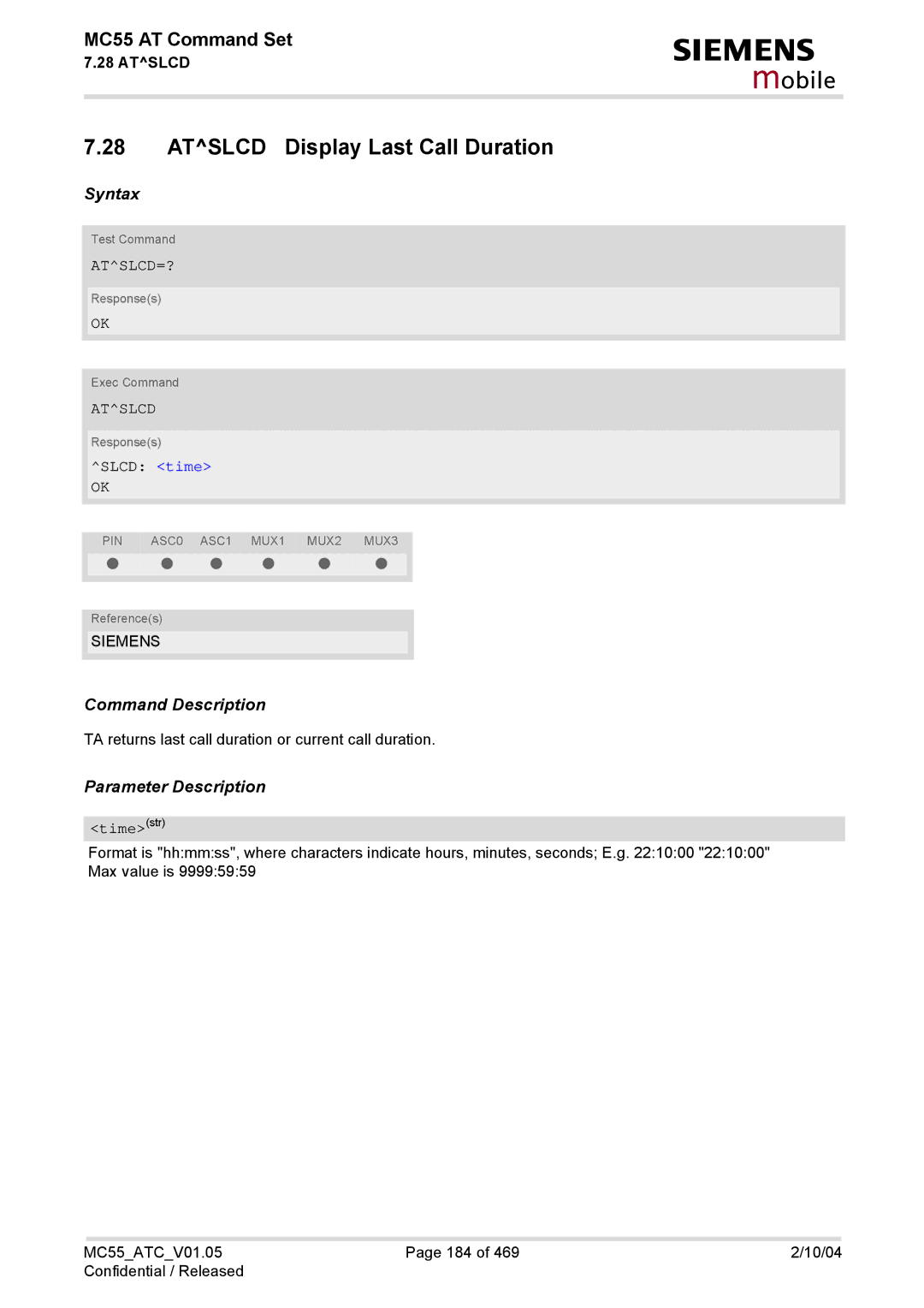 Siemens MC55 manual Atslcd Display Last Call Duration, Atslcd=?, Slcd time, Timestr 