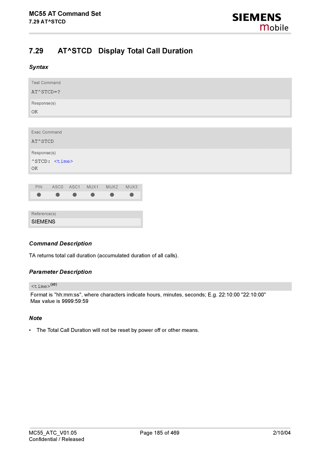 Siemens MC55 manual Atstcd Display Total Call Duration, Atstcd=?, Stcd time 