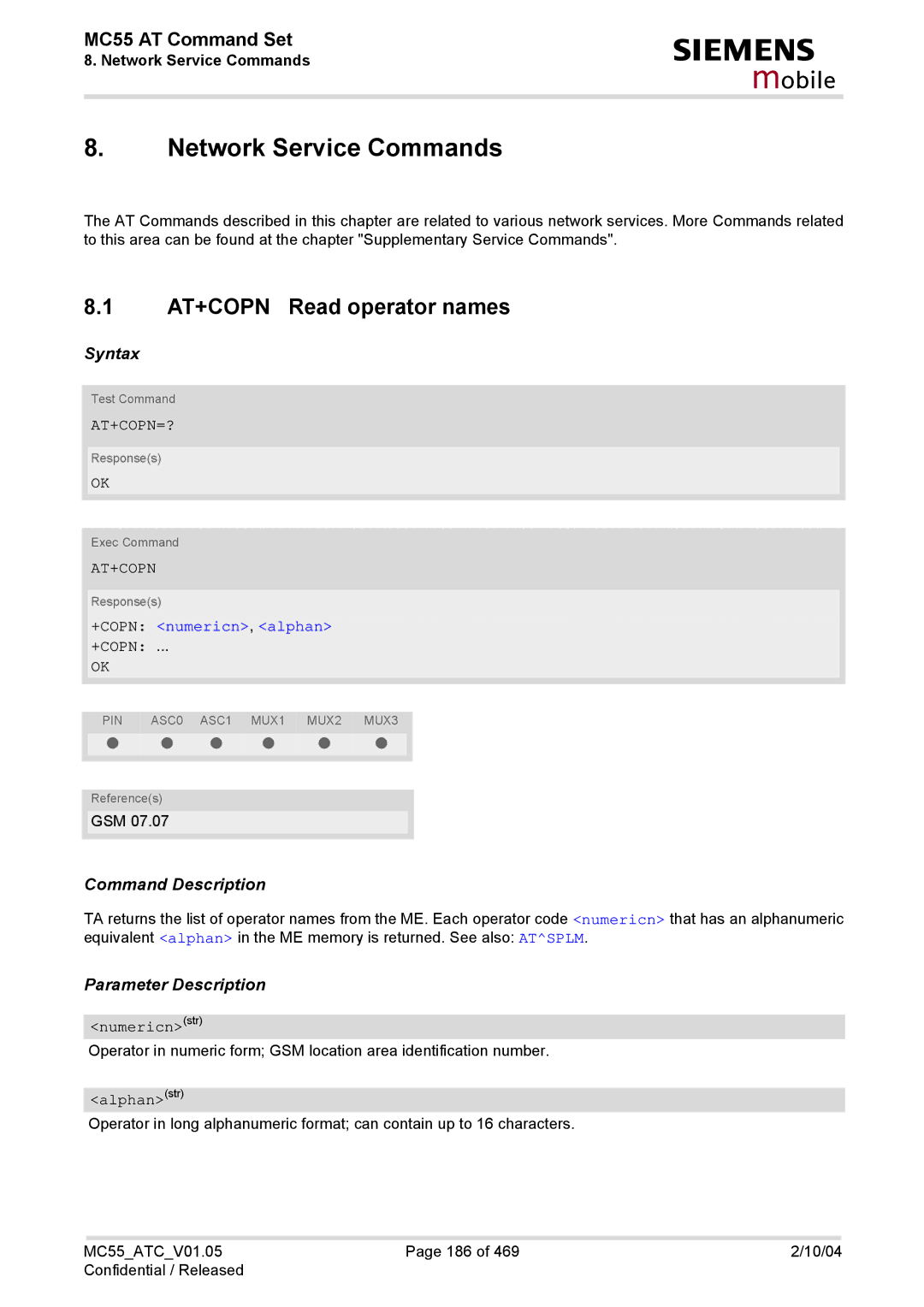 Siemens MC55 manual Network Service Commands, AT+COPN Read operator names, At+Copn=?, +COPN numericn, alphan 