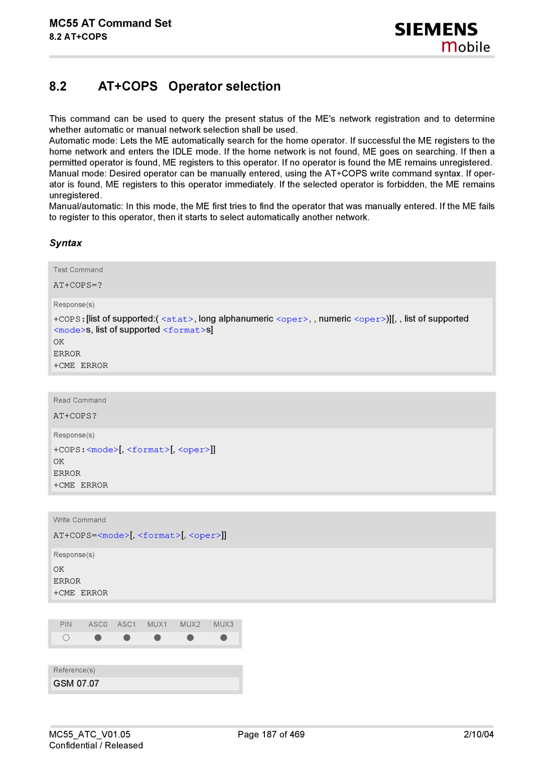 Siemens MC55 manual AT+COPS Operator selection, At+Cops=?, At+Cops?, +COPSmode, format, oper, AT+COPS=mode, format, oper 