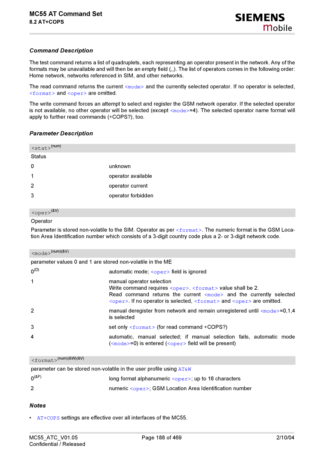 Siemens MC55 manual Statnum Status, Oper&V Operator 