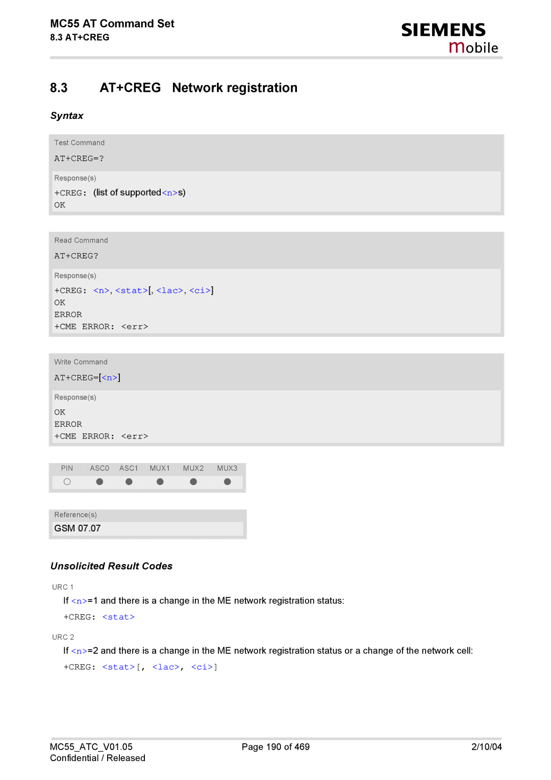 Siemens MC55 manual AT+CREG Network registration, At+Creg=?, At+Creg?, +CREG n, stat, lac, ci, +CREG stat, lac, ci 