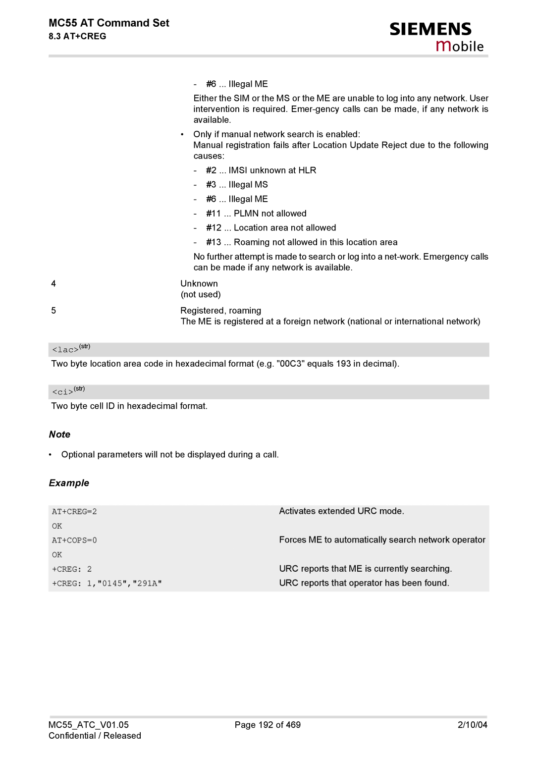 Siemens MC55 manual Lacstr, AT+CREG=2, AT+COPS=0, +CREG 1,0145,291A 